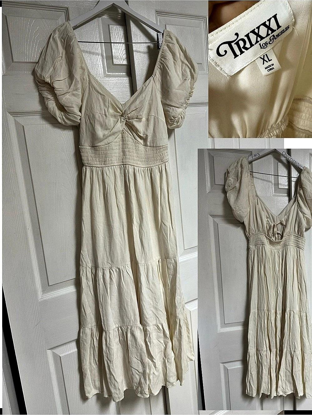 Trixxi Puff Sleeve Twist Front Midi Dress Cream XL Like New